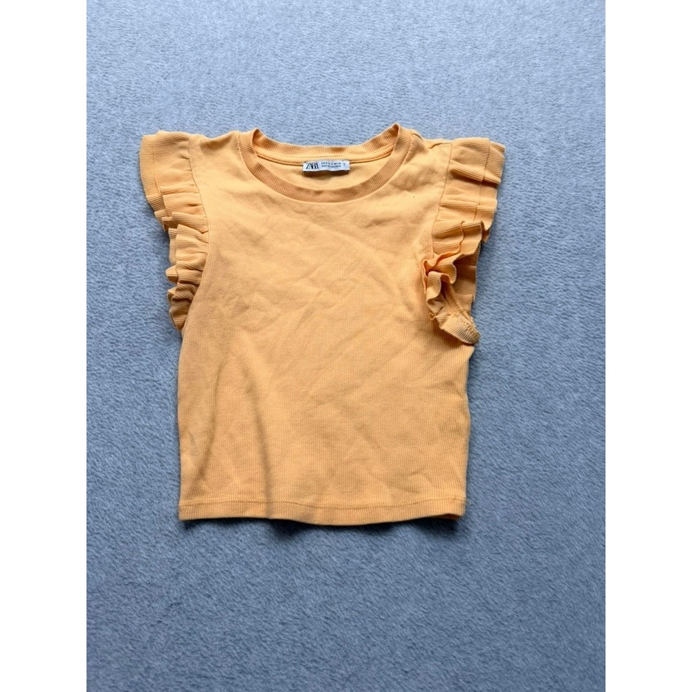Zara Womens Ribbed Ruffle Cap Sleeve Top Orange Crew Neck Stretch Knit Small